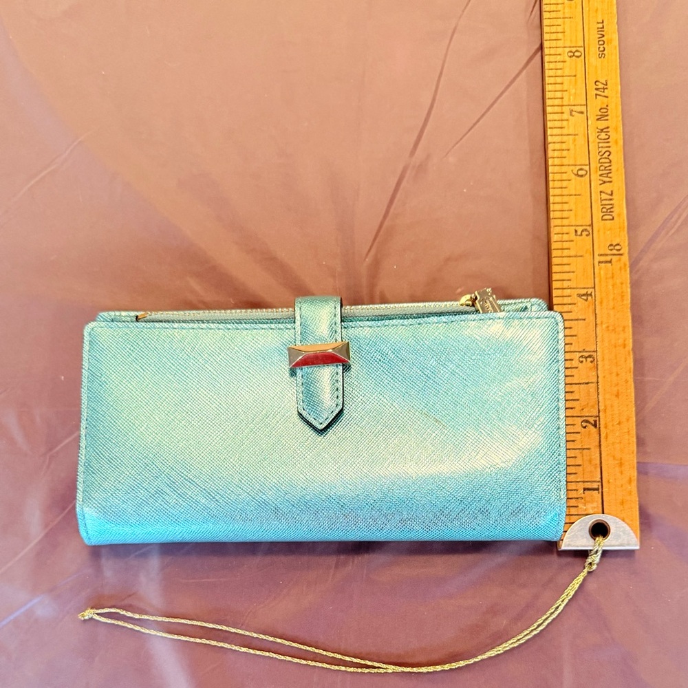 NWOT Rebecca Minkoff Metallic Teal Saffiano Leather slim wallet MSRP $195 - Picture 2 of 10